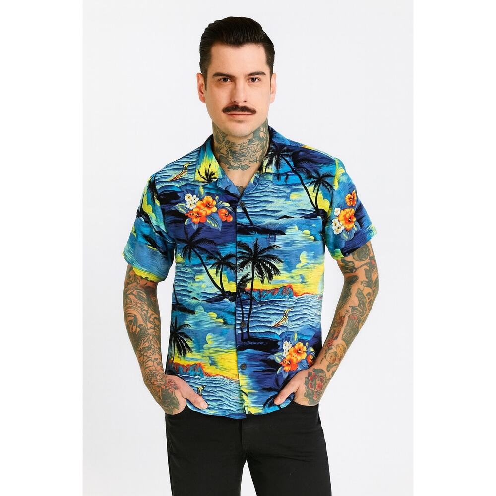 Vintage 80s Hawaiian Shirt M/L Diamond Head Surfers Colorful Casual Party Tiki